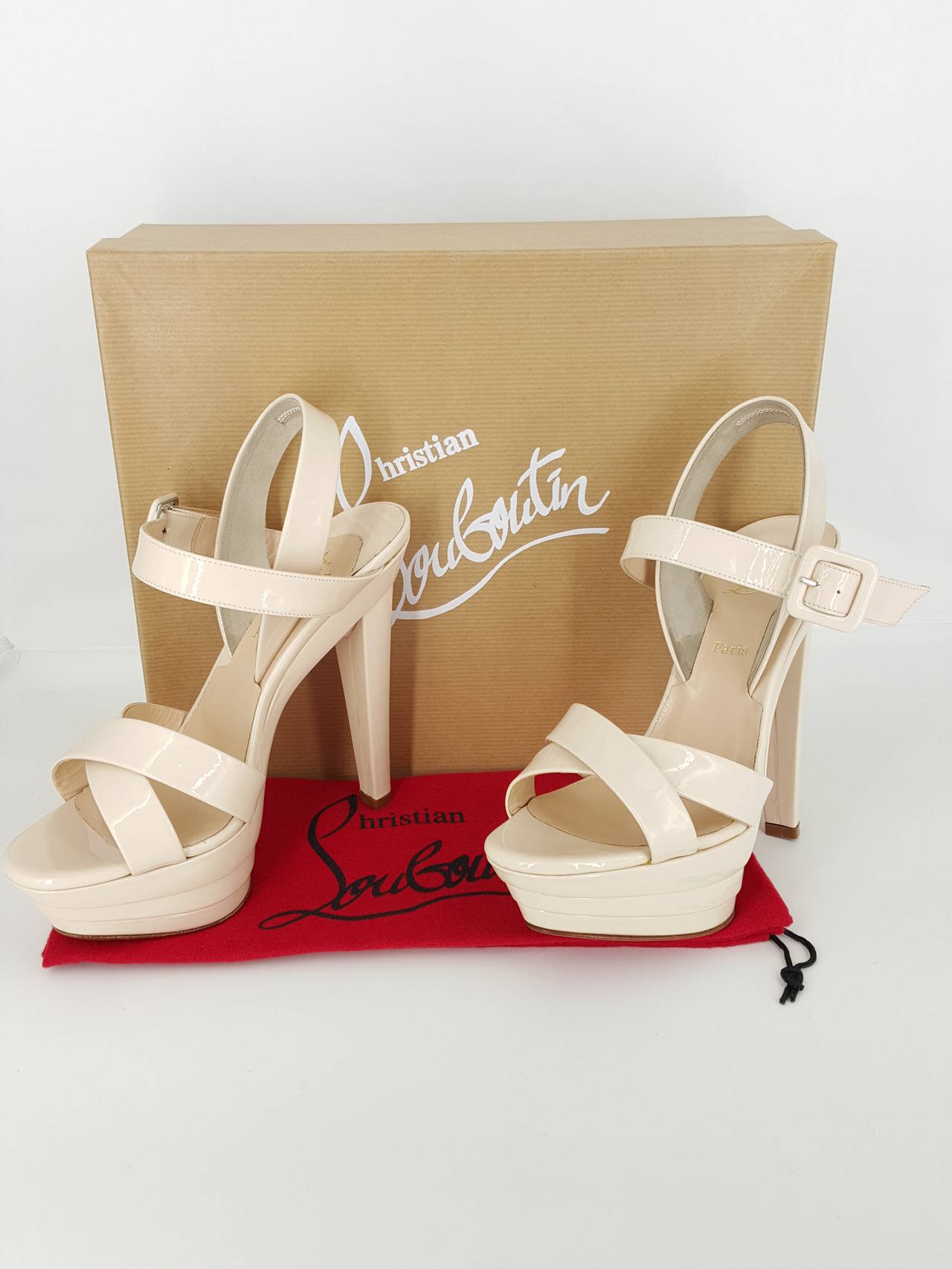 Women's Christian Louboutin Bone Patent Leather  Strappy Platform High Heels.  Size 37
