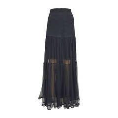 CHANEL Black Woven Silk Dramatic Long Flowing Semi Sheer Skirt.