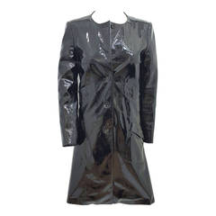 CHANEL Black Patent Leather Rain Coat With Sheered Rabbit Lining. Size 34