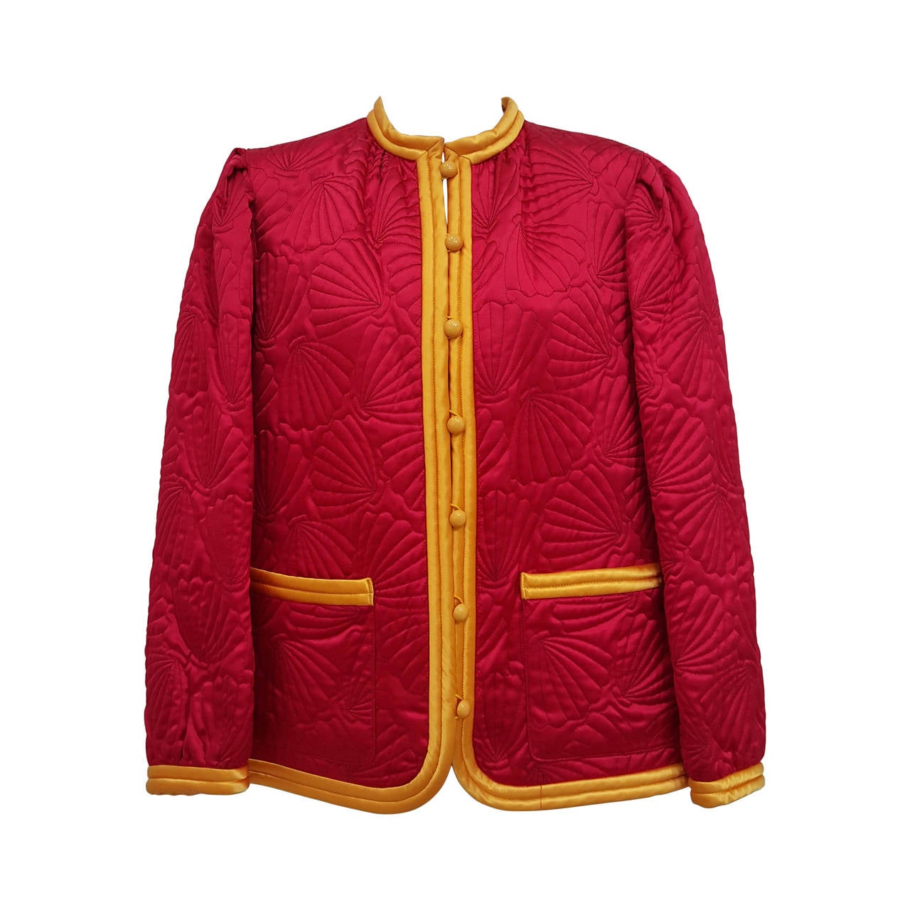 Vintage YSL Quilted Red Silk Jacket With Yellow Trim And Bakelite Buttons.