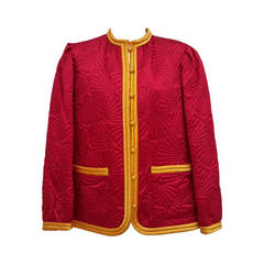 Vintage YSL Quilted Red Silk Jacket With Yellow Trim And Bakelite Buttons.