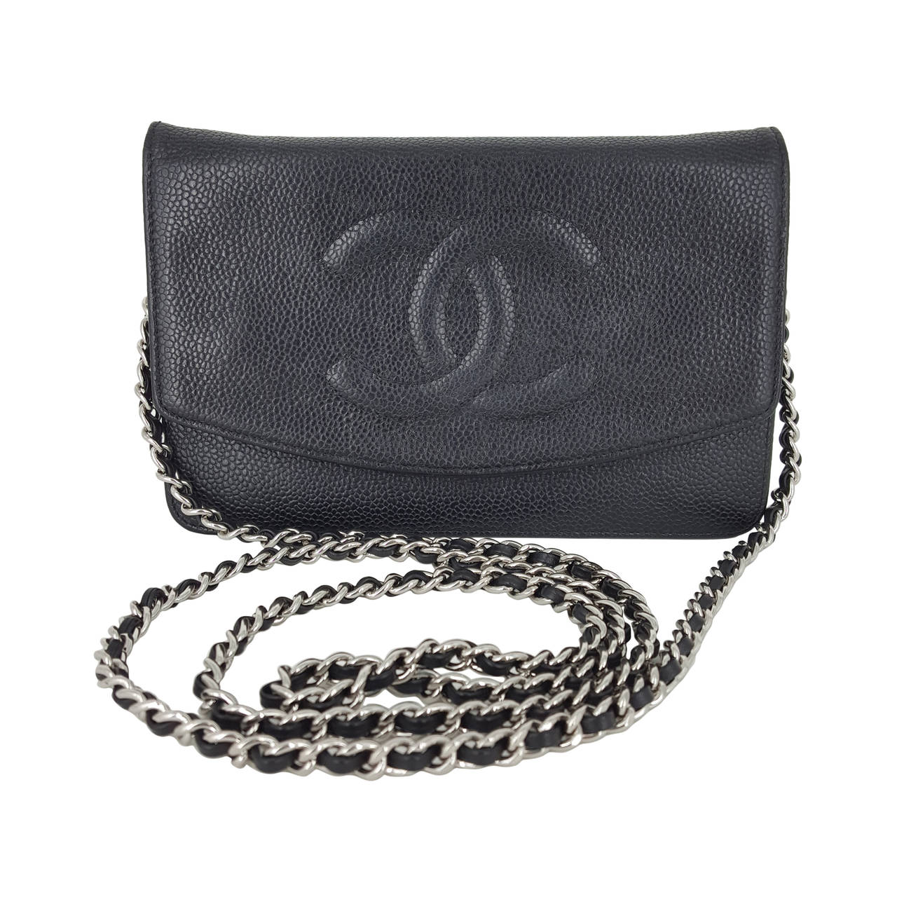 Chanel Black Caviar Wallet On A Chain With Silver Hardware.