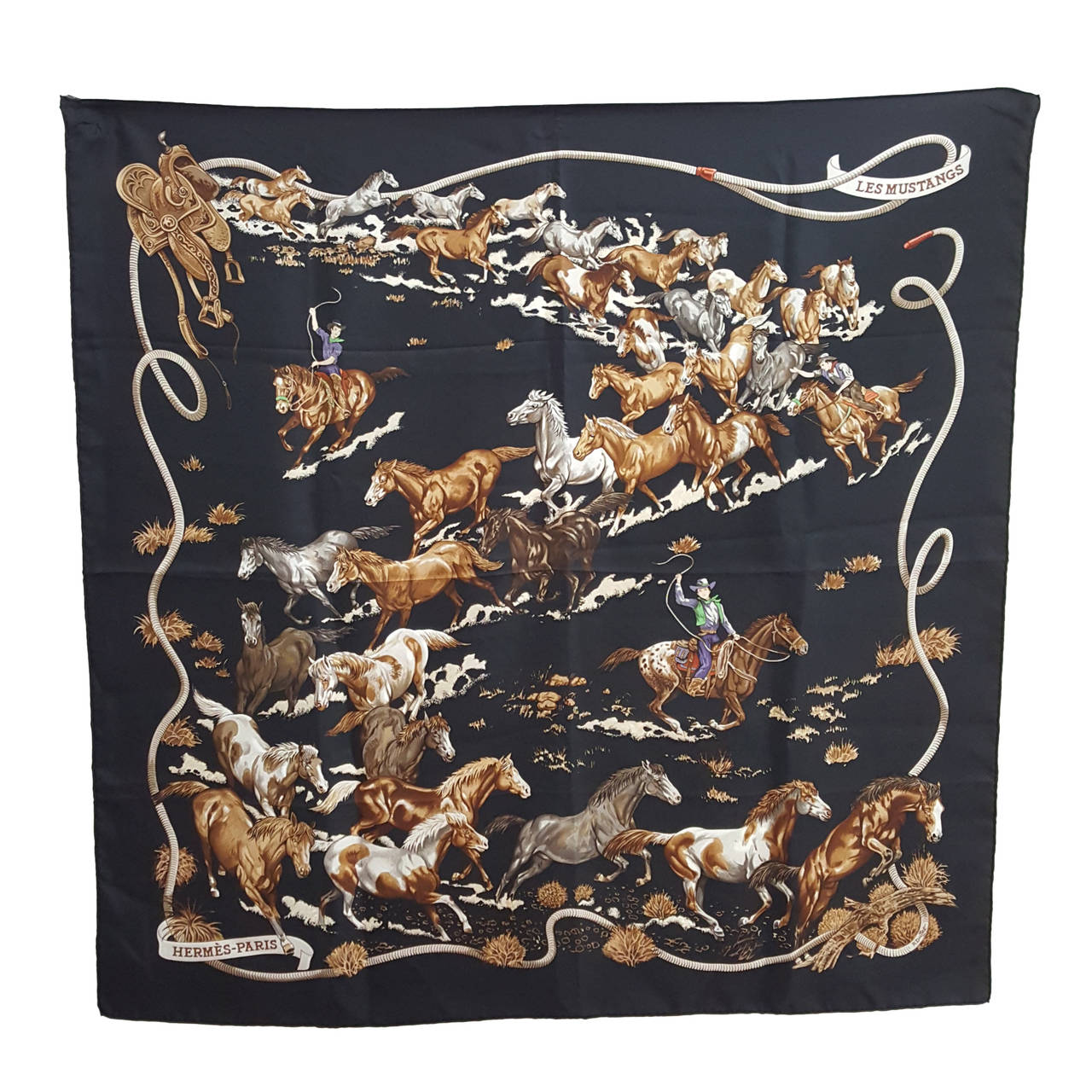 Hermes "Les Mustangs" Silk Twill 90 CM Scarf By Robert Dallet  1993/1994.