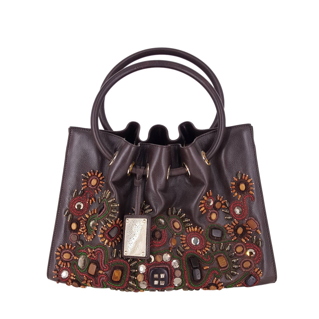 Oscar De La Renta Brown Top Handle Bag With Stone Embellishments For Sale