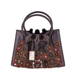 Oscar De La Renta Brown Top Handle Bag With Stone Embellishments