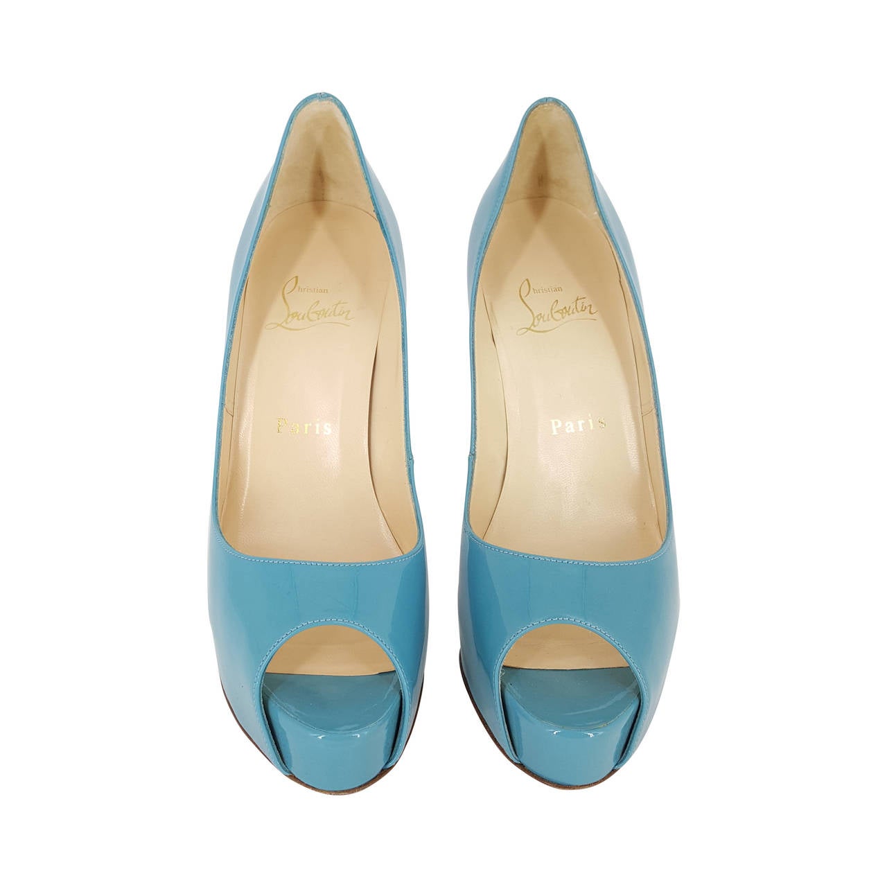 Christian Louboutin Turquoise Patent Leather Peep Toe Pumps.  Size 36 1/2" For Sale