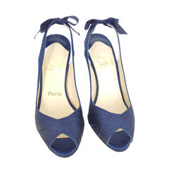 Christian Louboutin Navy Blue Sparkle Sling Back Heels With Bow. Size 36