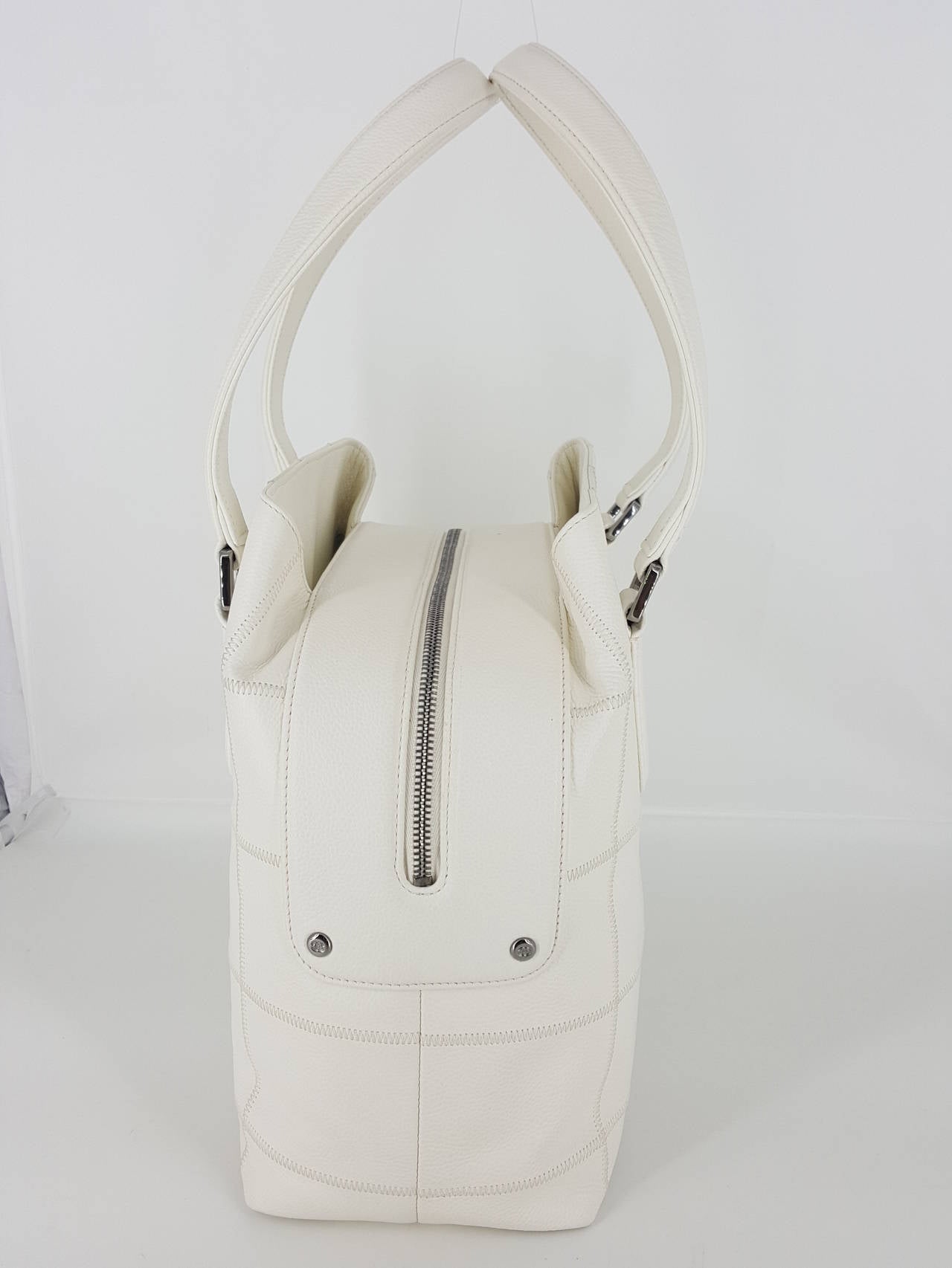 Chanel Off-White Caviar Square Quilted Large Bowler Bag With Silver Hdwr.