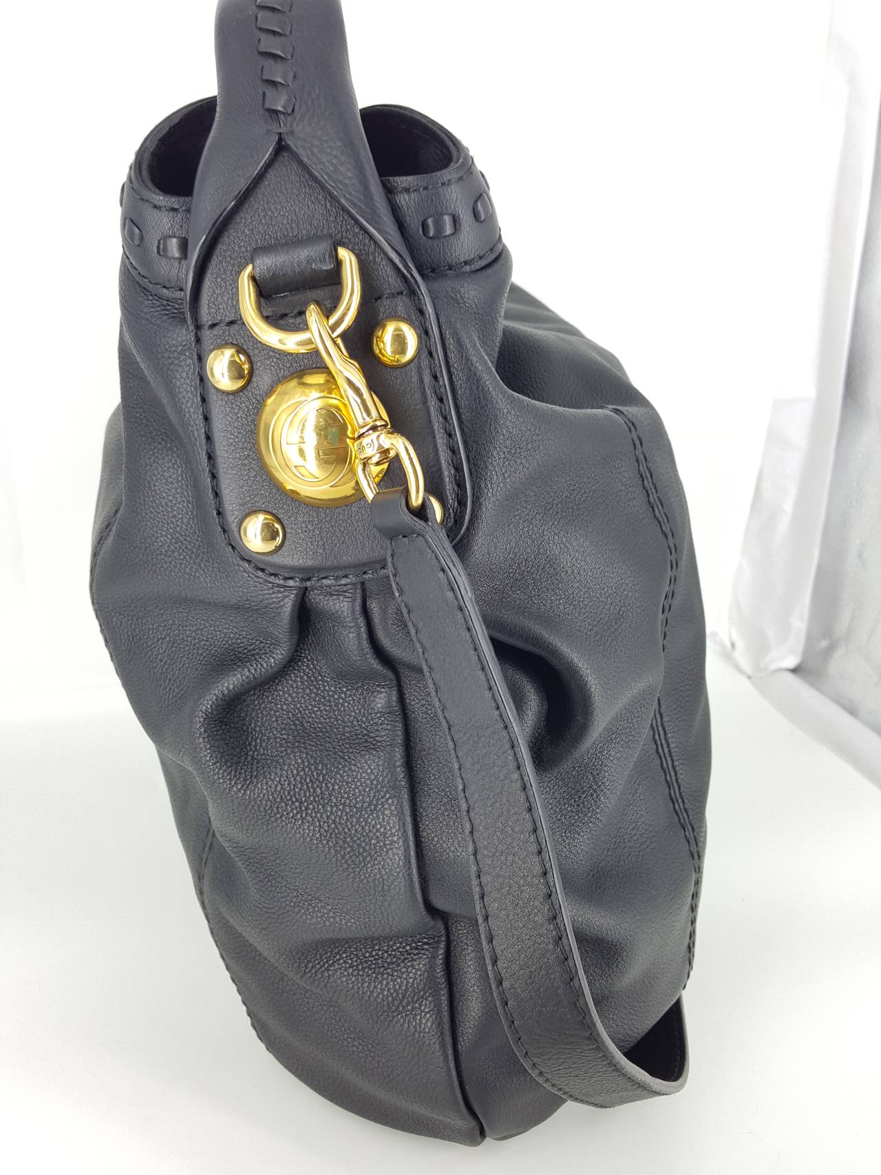 Gucci Black Leather "Sunset" Hobo Bag With Gold Hardware.  New