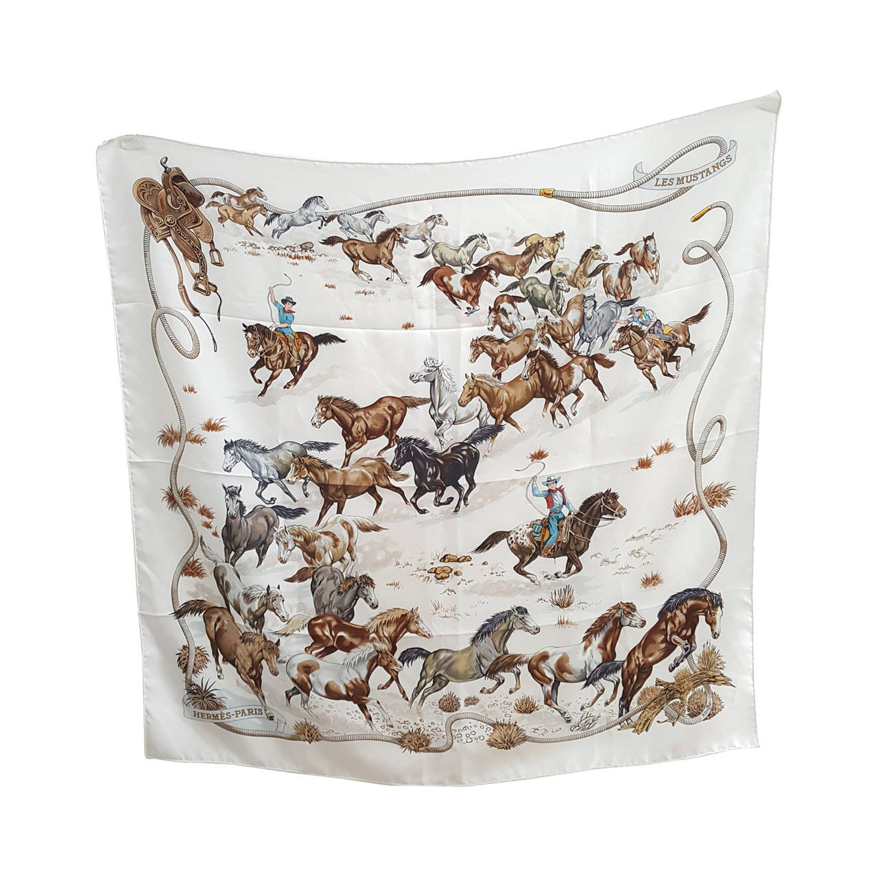 Hermes"Les Mustangs" Silk Twill Scarf By Robert Dallet from 1993/1994