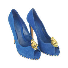 Alexander McQueen Cobalt Blue Suede Platform Pumps with Skull ornament