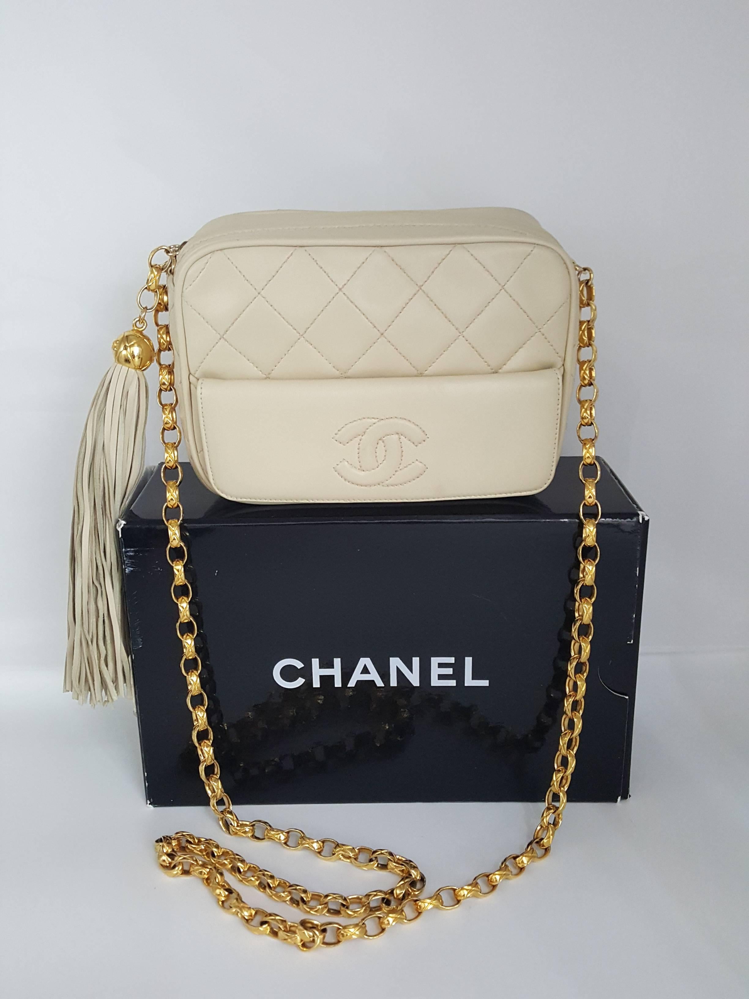 Chanel Small Cream Lambskin Camera Bag Tassel And Gold Hardware  Mint. 2