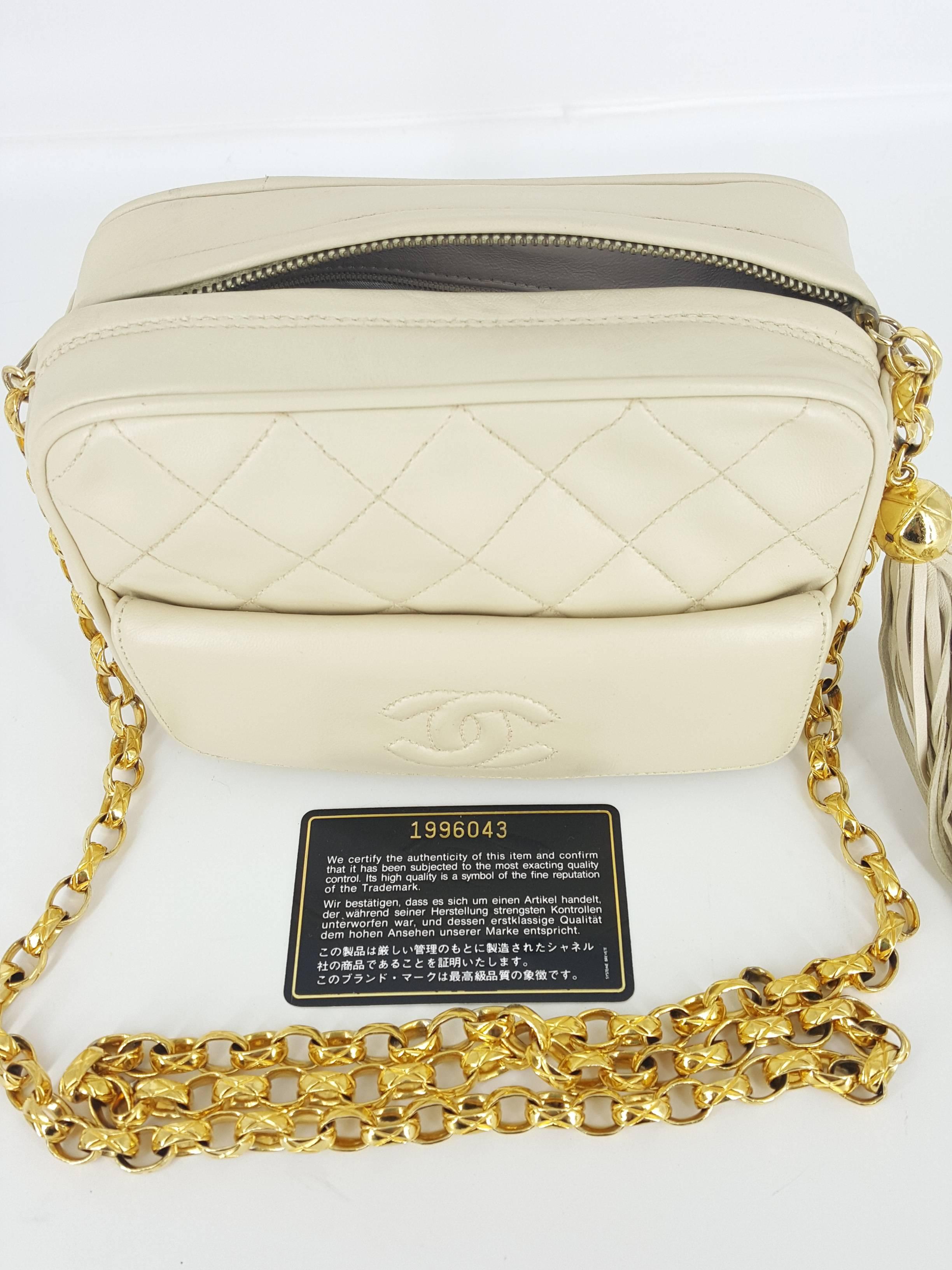 Chanel Small Cream Lambskin Camera Bag Tassel And Gold Hardware  Mint. 1