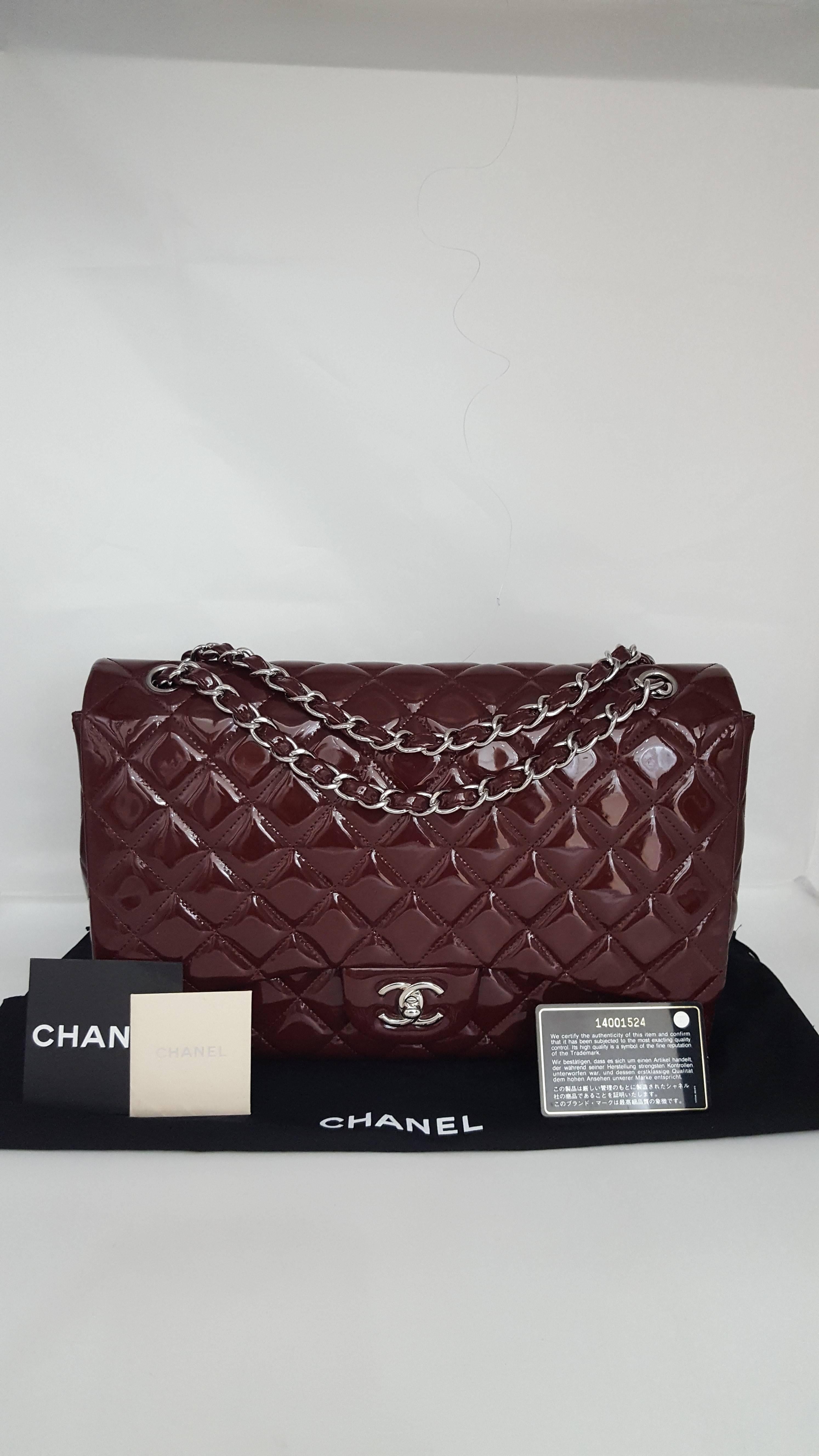 Chanel Bordeaux Patent XL Jumbo Single Flap With Silver Hardware  2