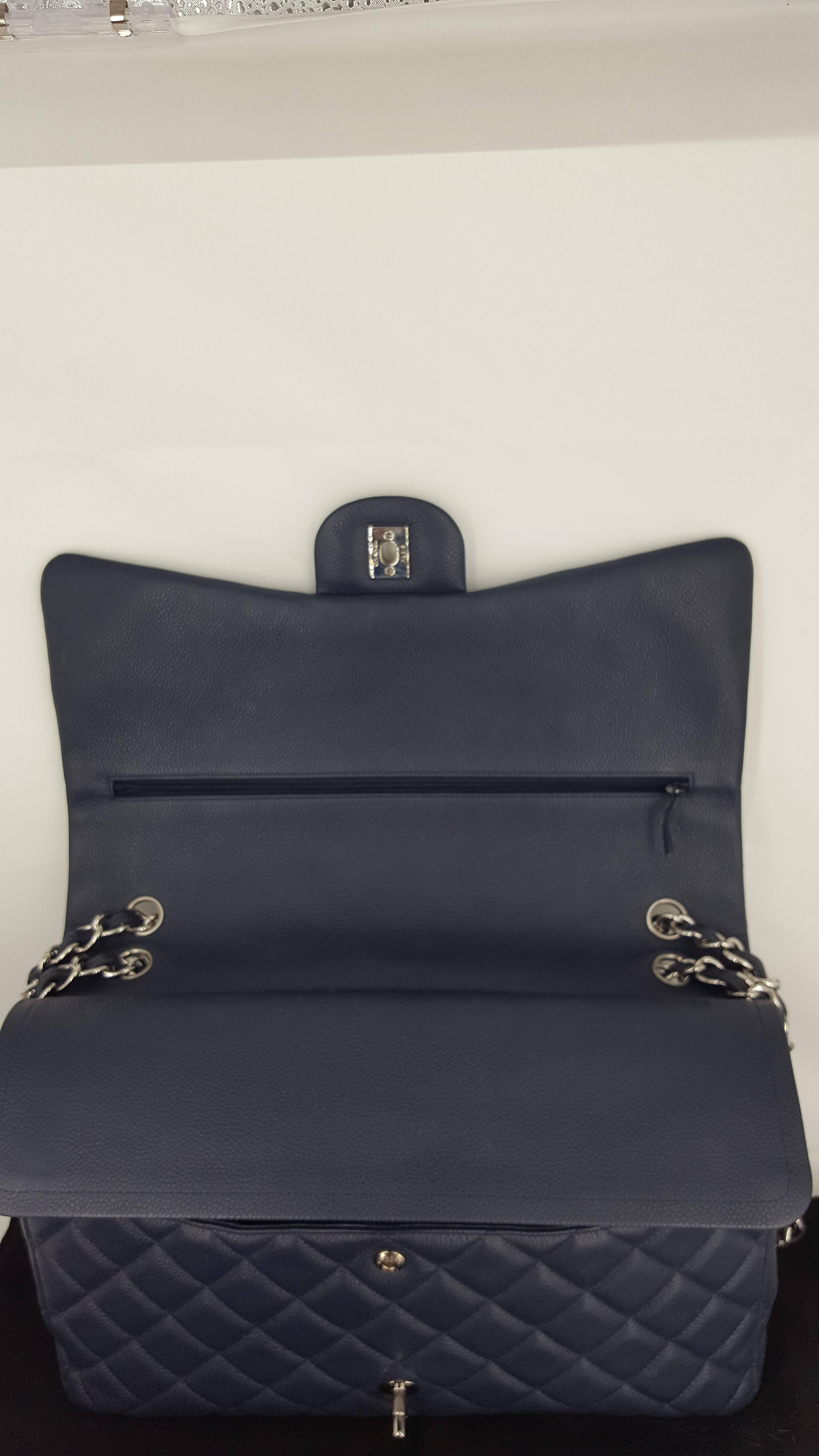 Chanel Navy Blue Caviar Maxi Double Flap With Silver Hardware 2