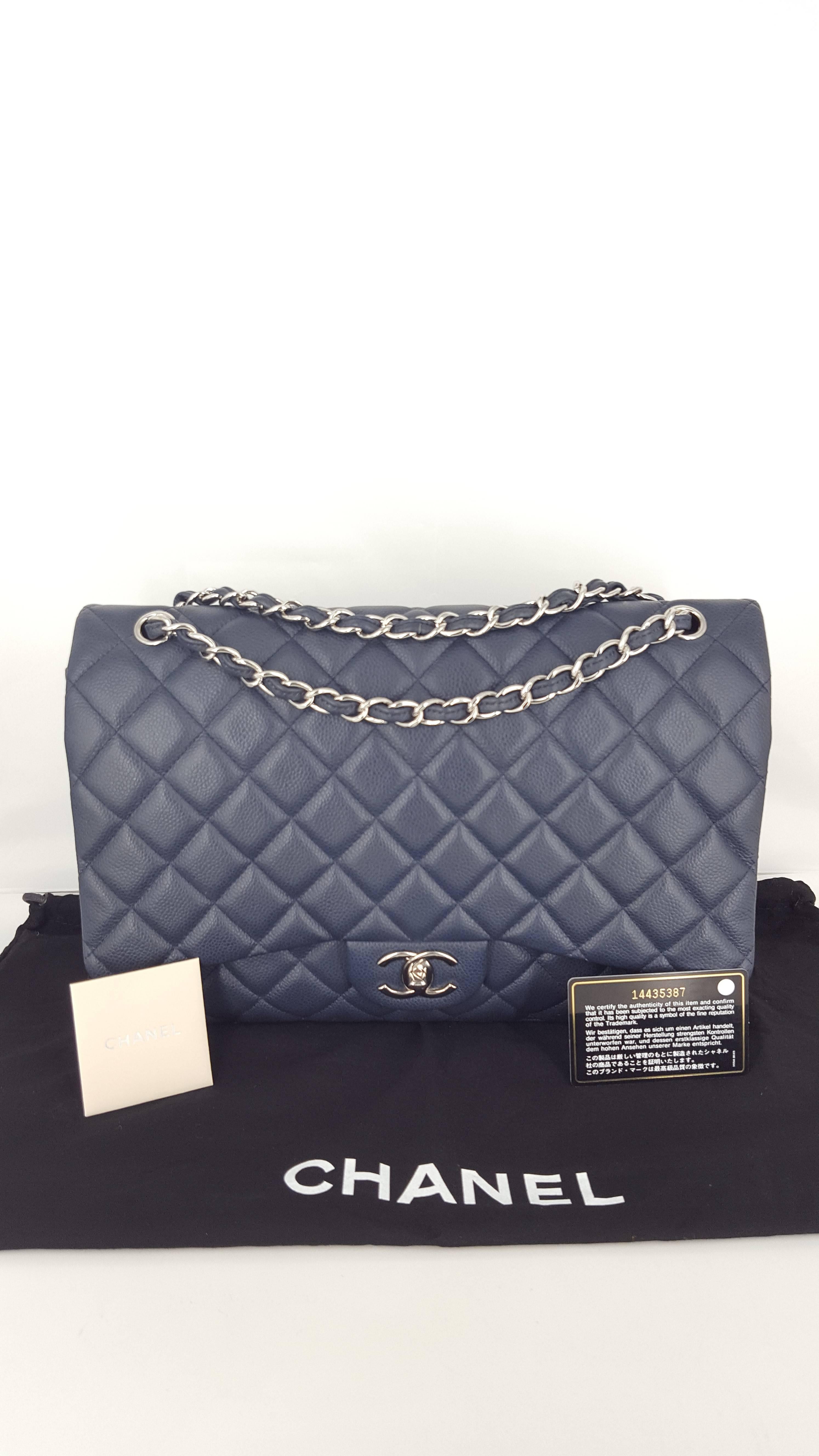 Chanel Navy Blue Caviar Maxi Double Flap With Silver Hardware 3