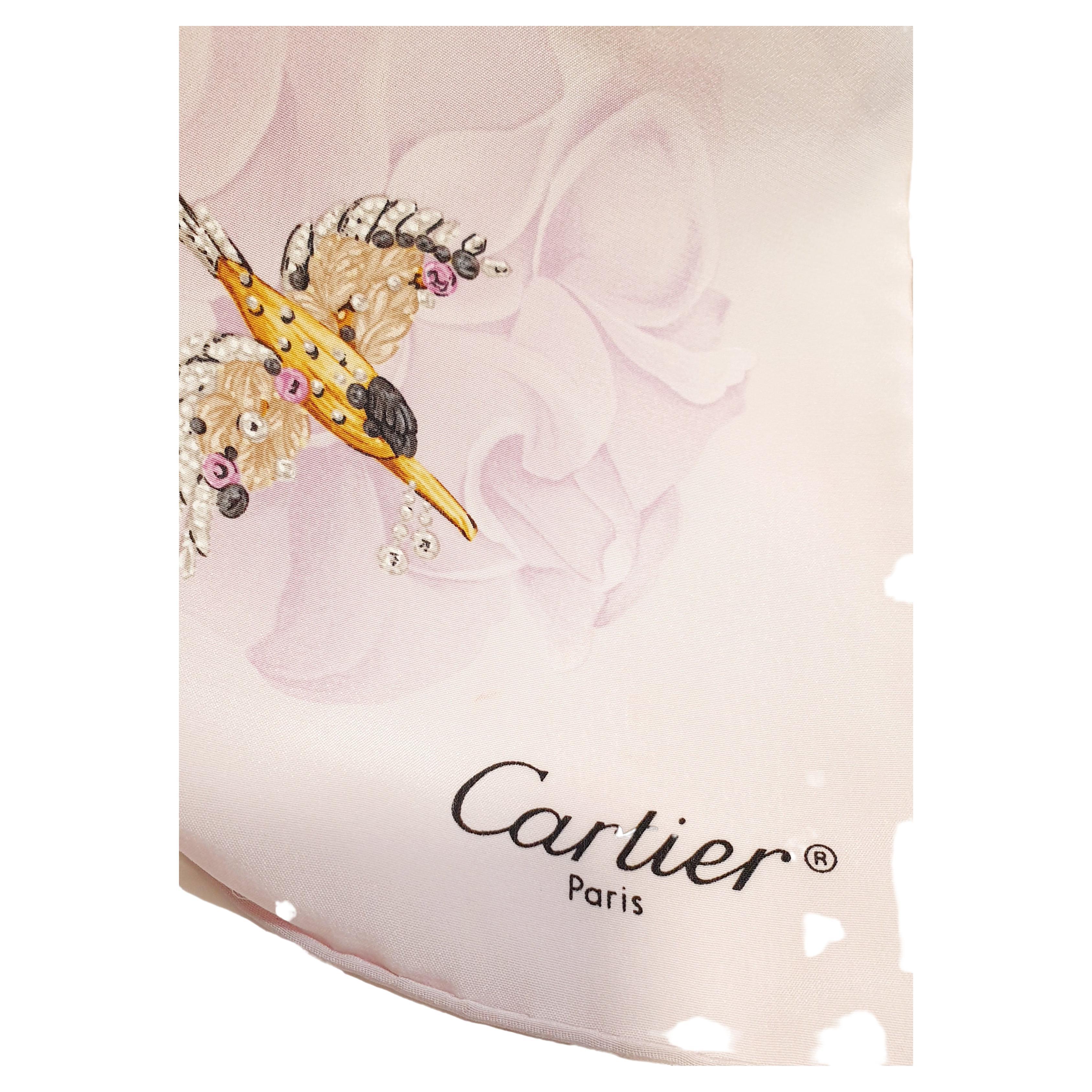 New Cartier silk salmon scarf with Flora & Fauna birds designed  For Sale