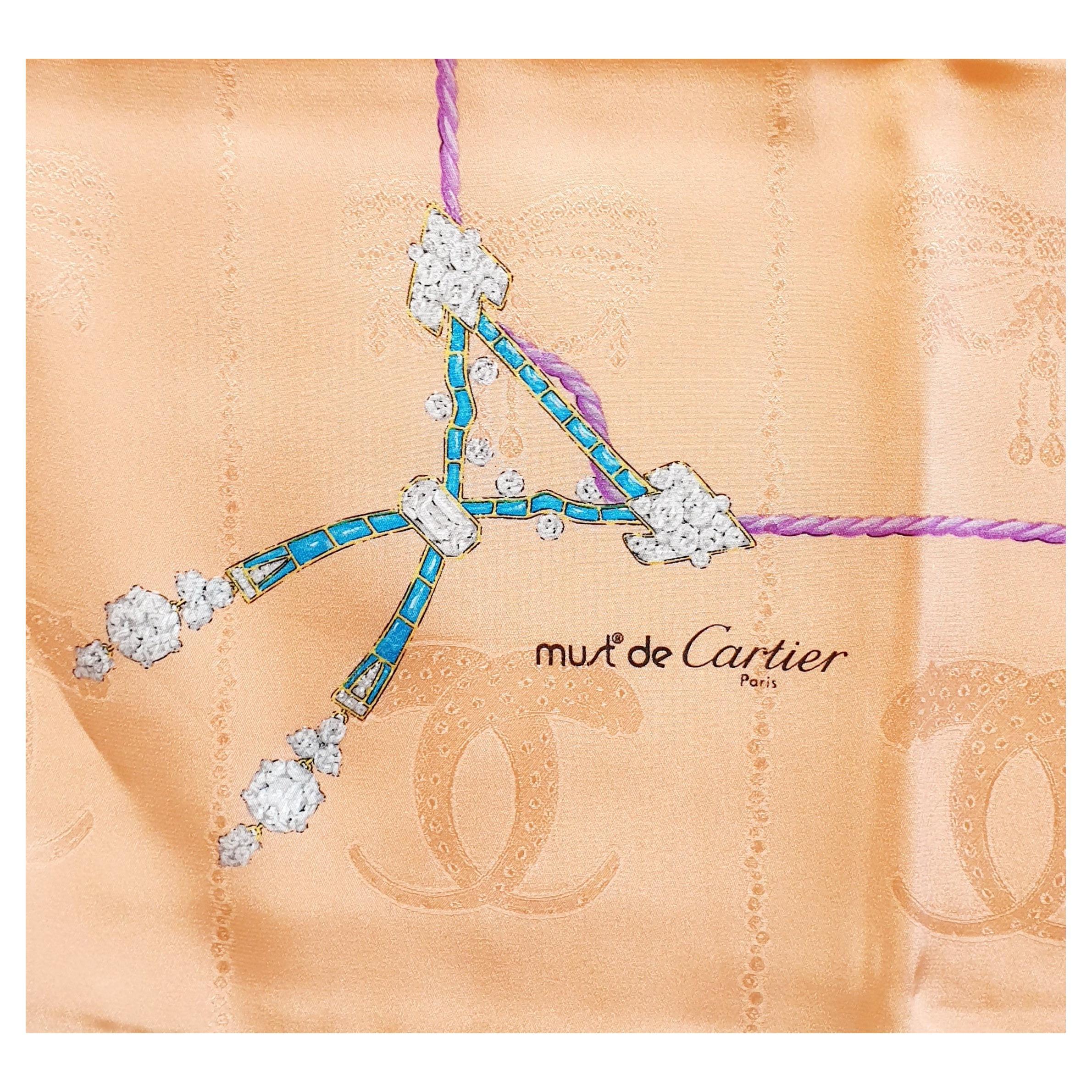 New Le must de Cartier silk salmon scarf with precious jewels designed 