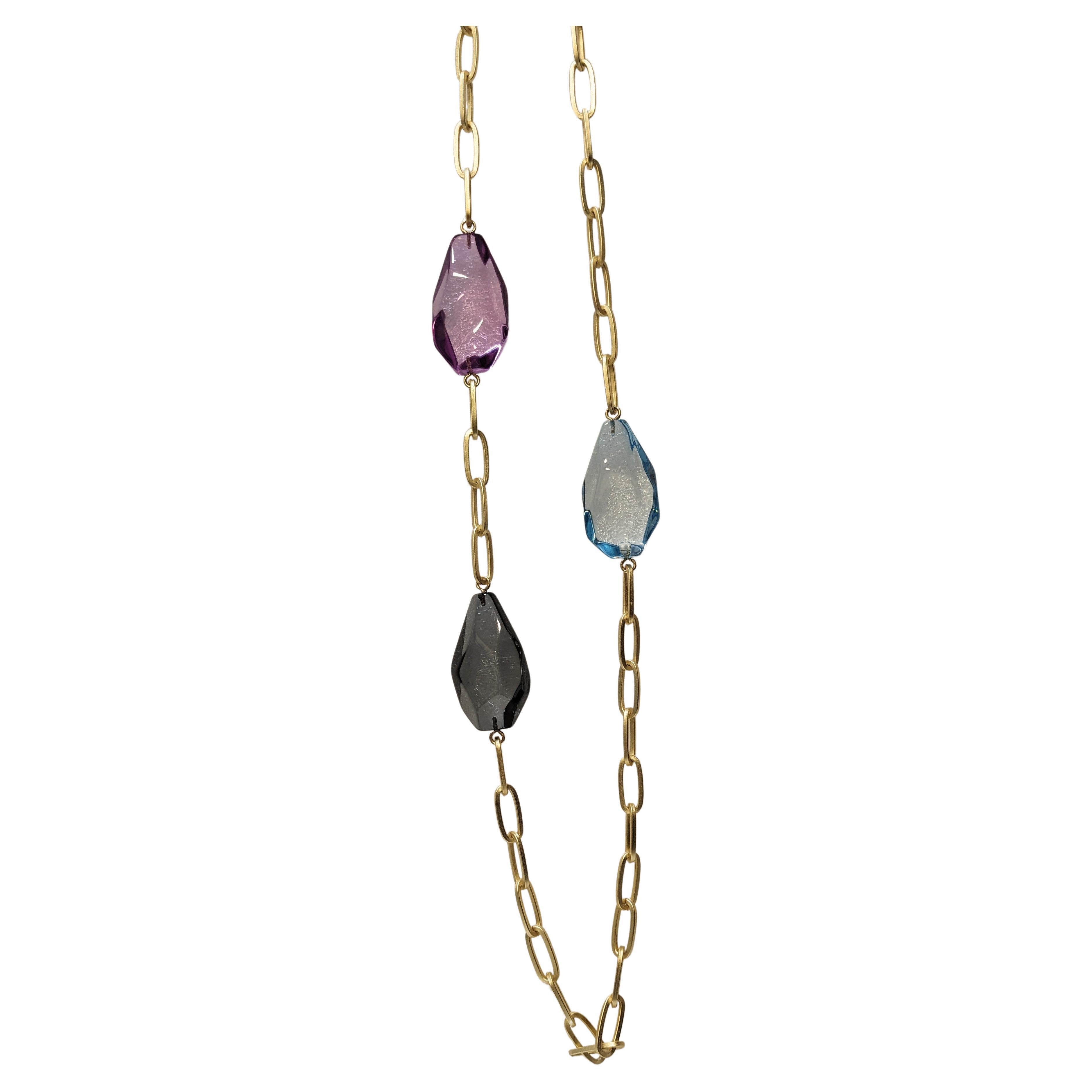 Long Necklace with Rectangular pastel hawser in 18k gold plated chain 