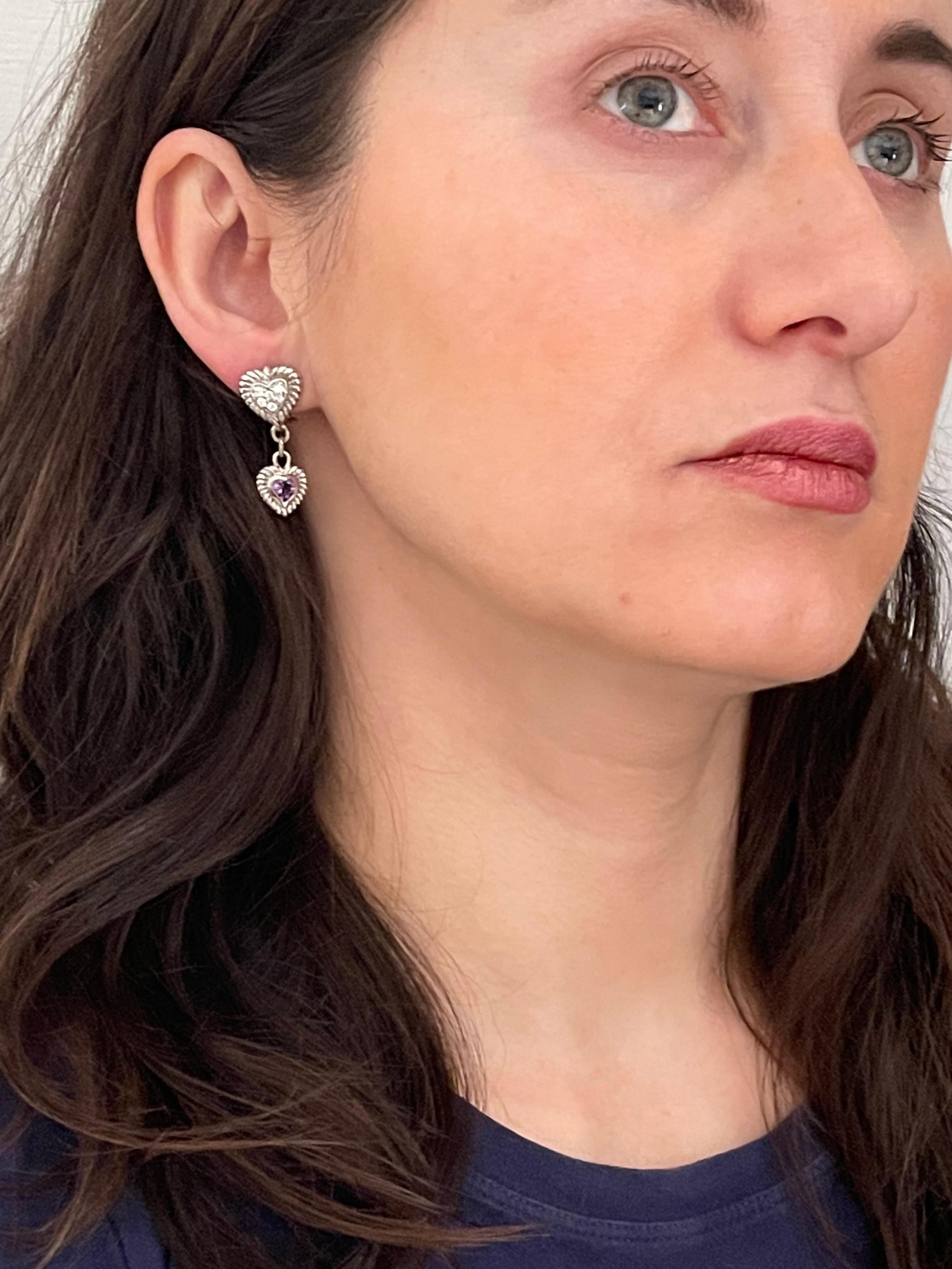 Women's JUDITH RIPKA CZ Sterling Silver Heart Pierced Earrings w Amethyst 9.9 grams