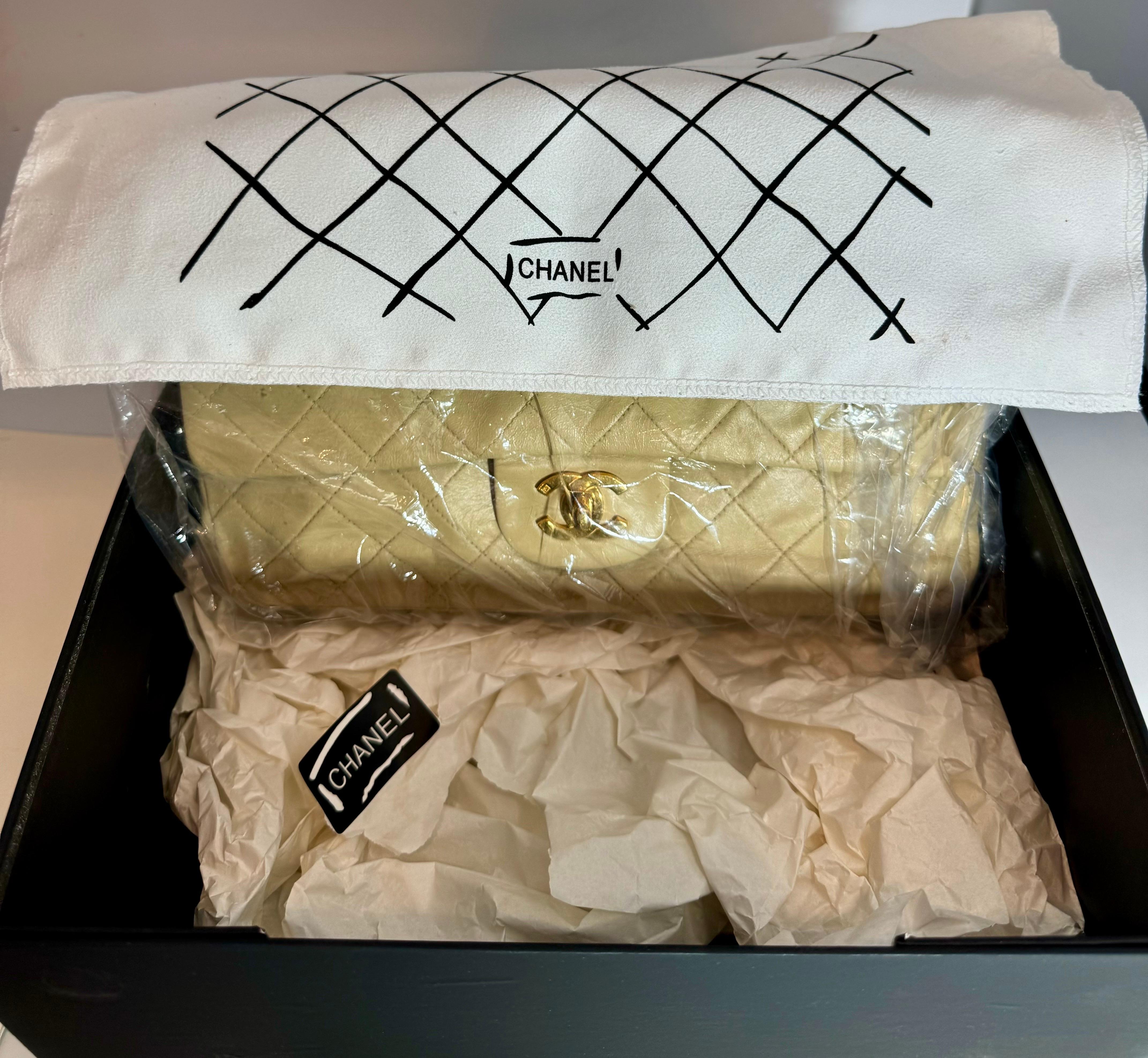 Chanel Timeless/Classic double Flap shoulder bag in beige , CC Logo, Vintage For Sale 14