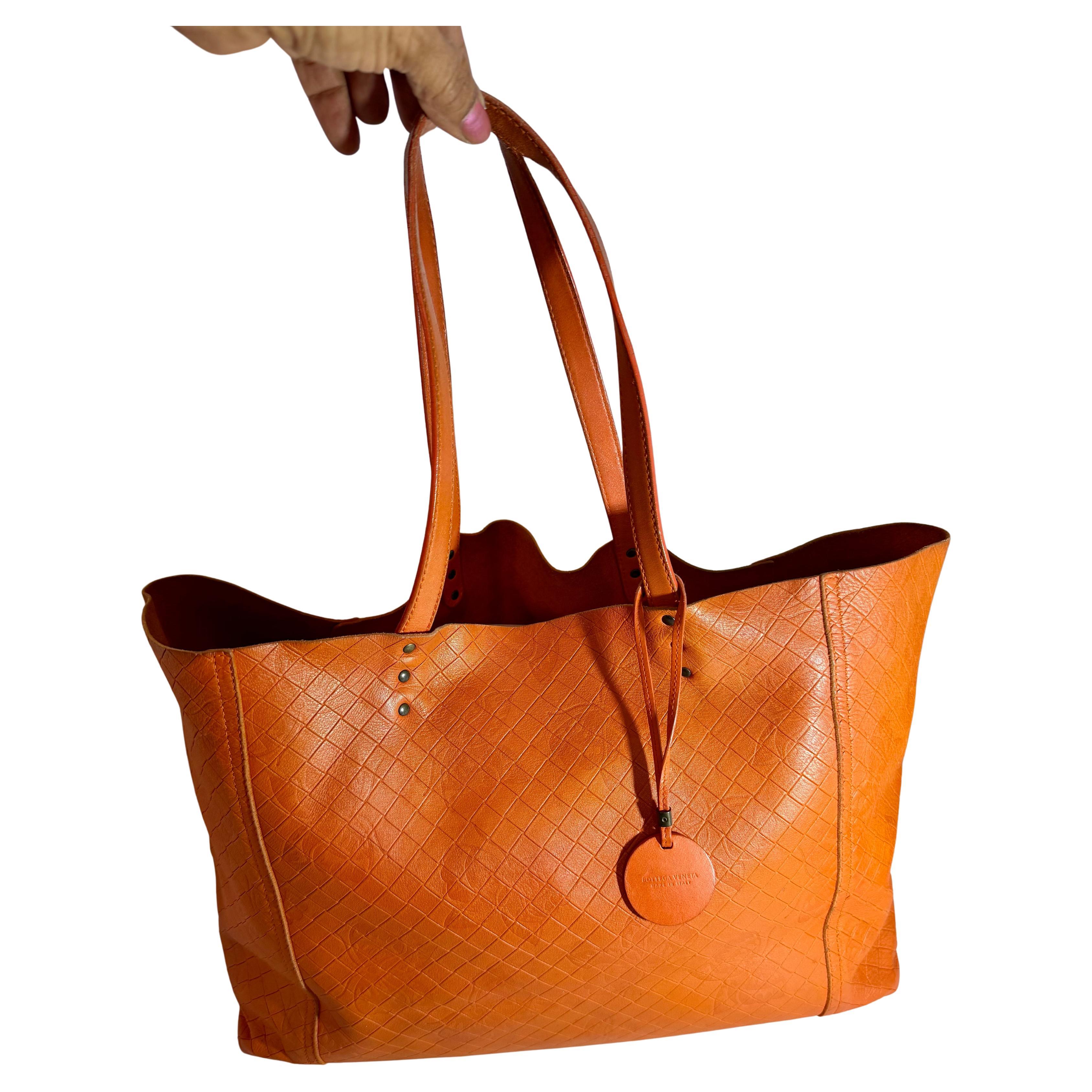 Authentic Bottega Veneta Intrecciato Tote Bag Orange Color Leather Women's Italy