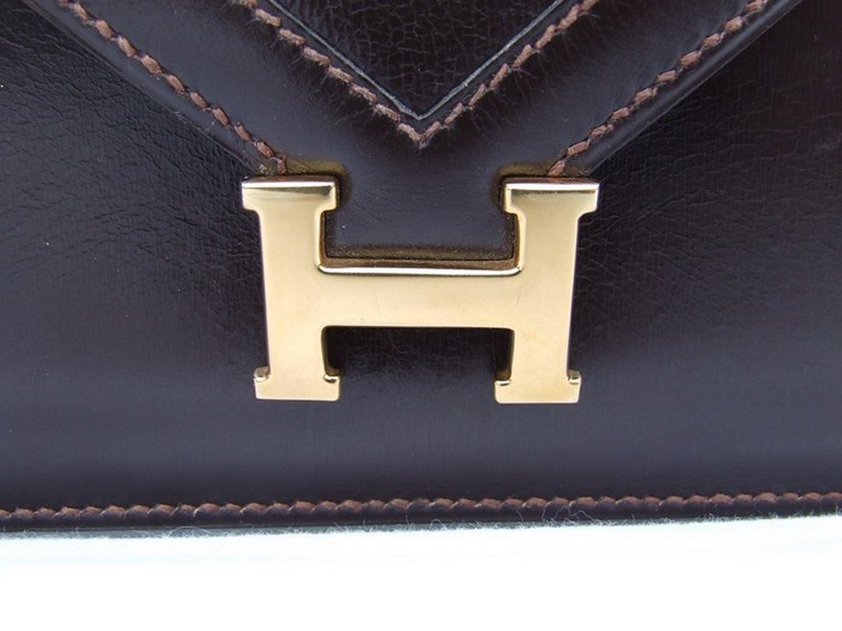 Authentic Hermes Lydie Clutch Handbag Brown Leather Gold Hardware 6