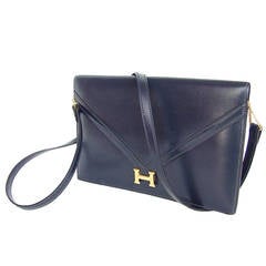 Retro Authentic Hermes Lydie Clutch Bag 2 Ways Bleu Blue Gold Hardware