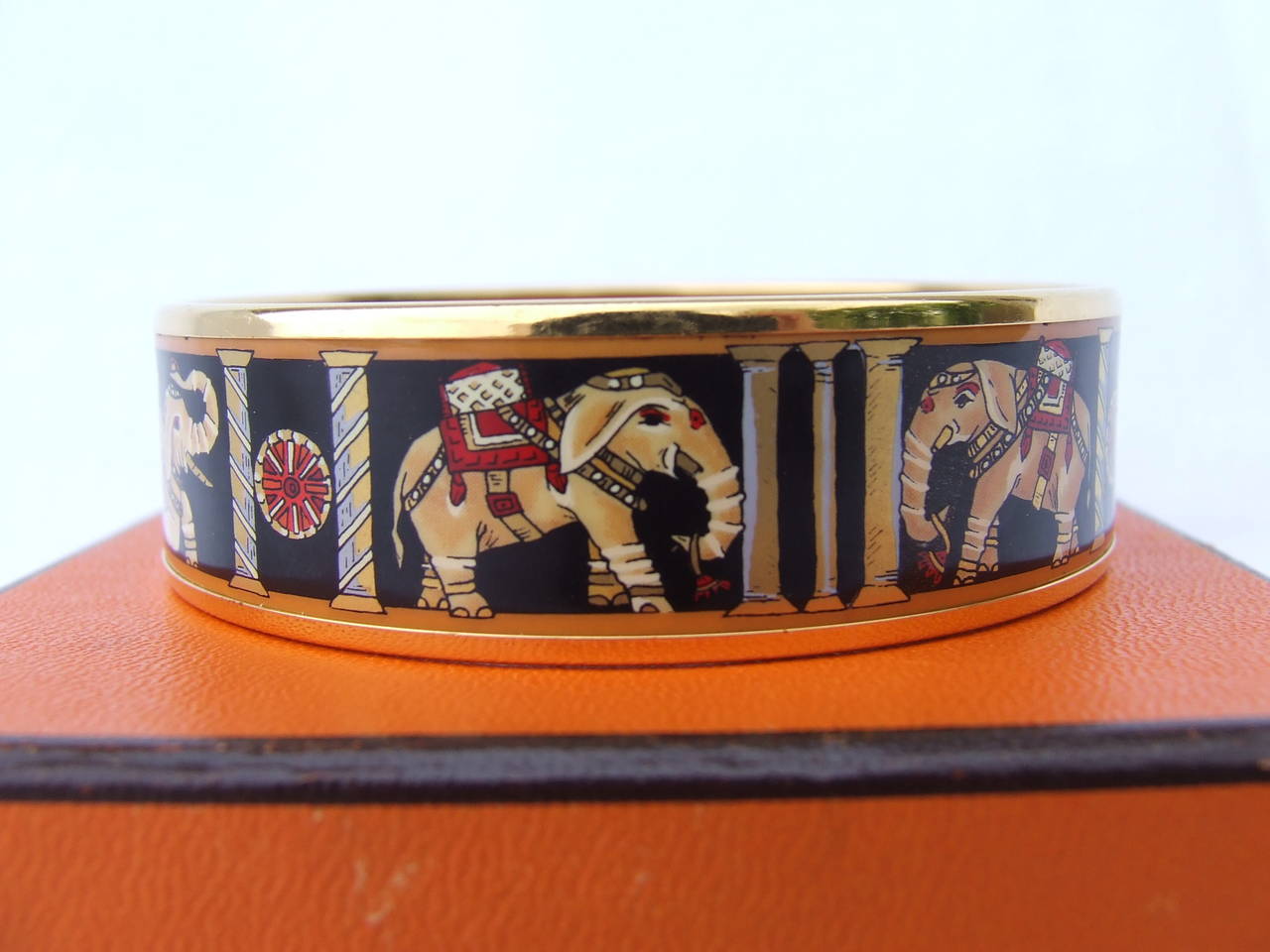 Authentic Hermes Enamel Bracelet Torana Elephants Gold Hardware GM 70 2