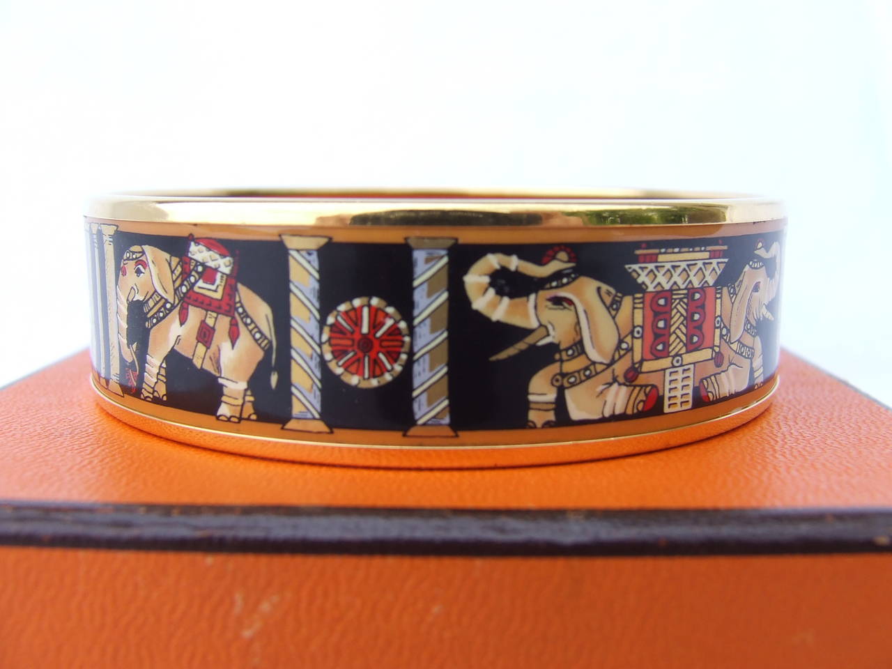 Authentic Hermes Enamel Bracelet Torana Elephants Gold Hardware GM 70 1