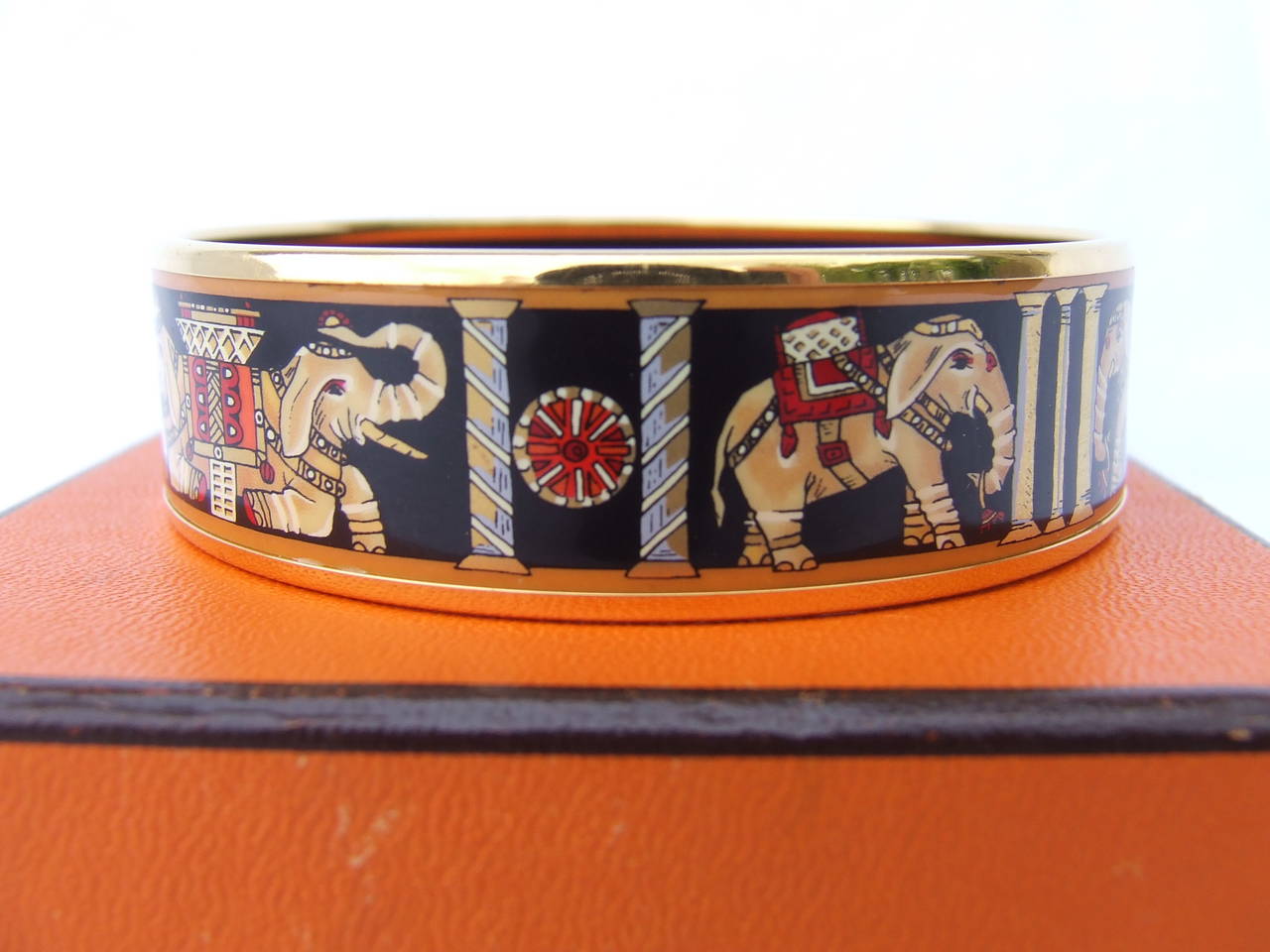 Authentic Hermes Enamel Bracelet Torana Elephants Gold Hardware GM 70 3