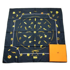 Vintage Authentic Hermes Silk Scarf Black Gold 90 cm In Box