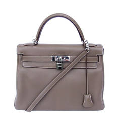Authentic Hermes Kelly 32 Bag Tauillon Clemence Etoupe Silver Hardware