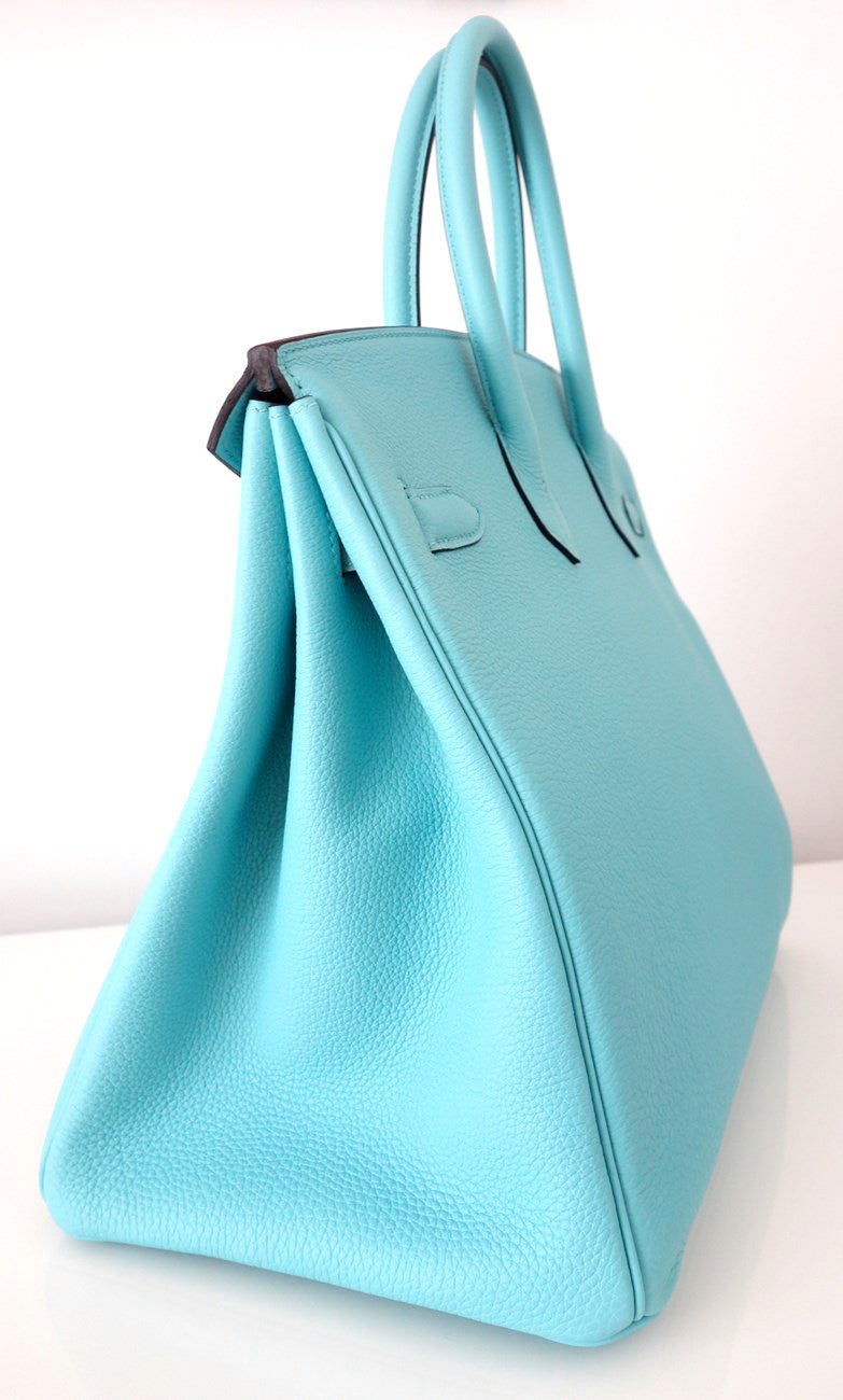 Women's Authentic Hermès Birkin 35 Handbag Togo Blue Atoll Silver Hdw Full Set