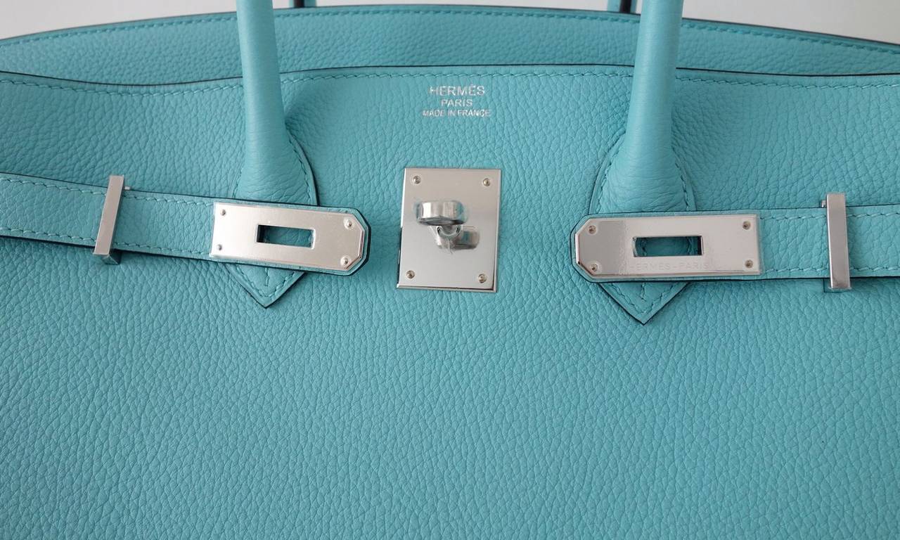 Authentic Hermès Birkin 35 Handbag Togo Blue Atoll Silver Hdw Full Set 4