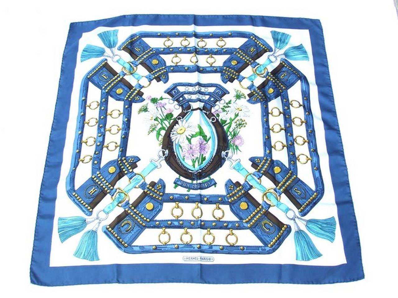 Authentic Hermes Silk Scarf Aux Champs Latham Blue 90 cm at 1stDibs ...