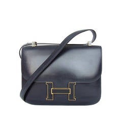 Vintage Hermes Constance H Bag Blue Box Leather Gold Hardware 23 cm