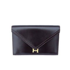 Retro Authentic Hermes Lydie Clutch Handbag Brown Leather Gold Hardware
