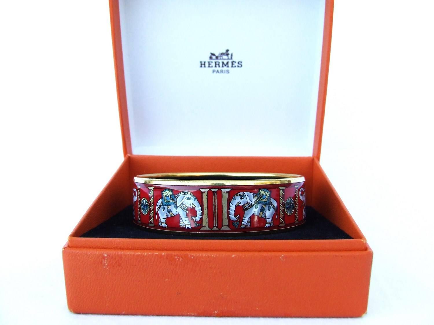 Authentic Hermes Enamel Bracelet Torana Elephants Red GHW PM 65 3