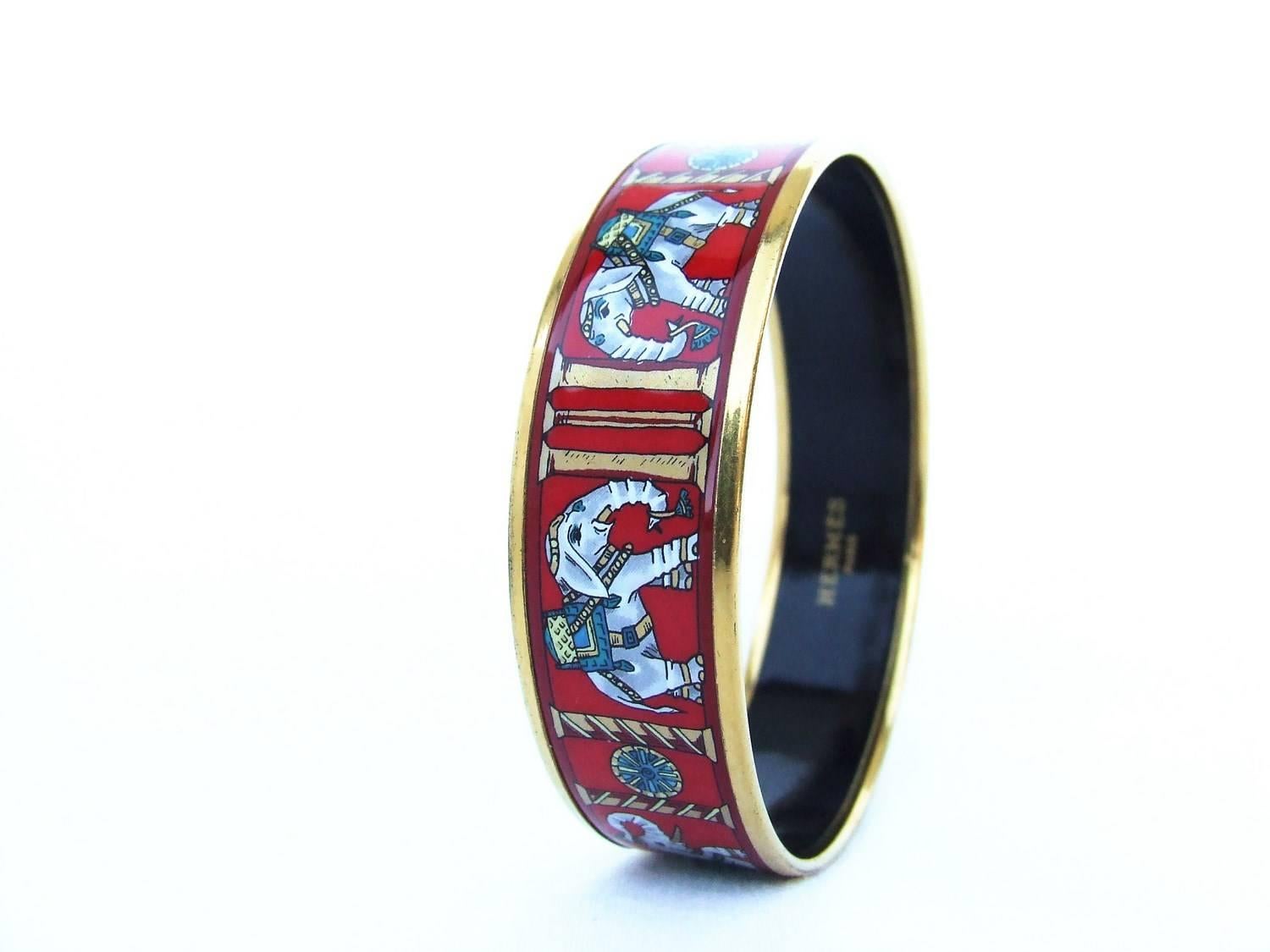 Authentic Hermes Enamel Bracelet Torana Elephants Red GHW PM 65 4