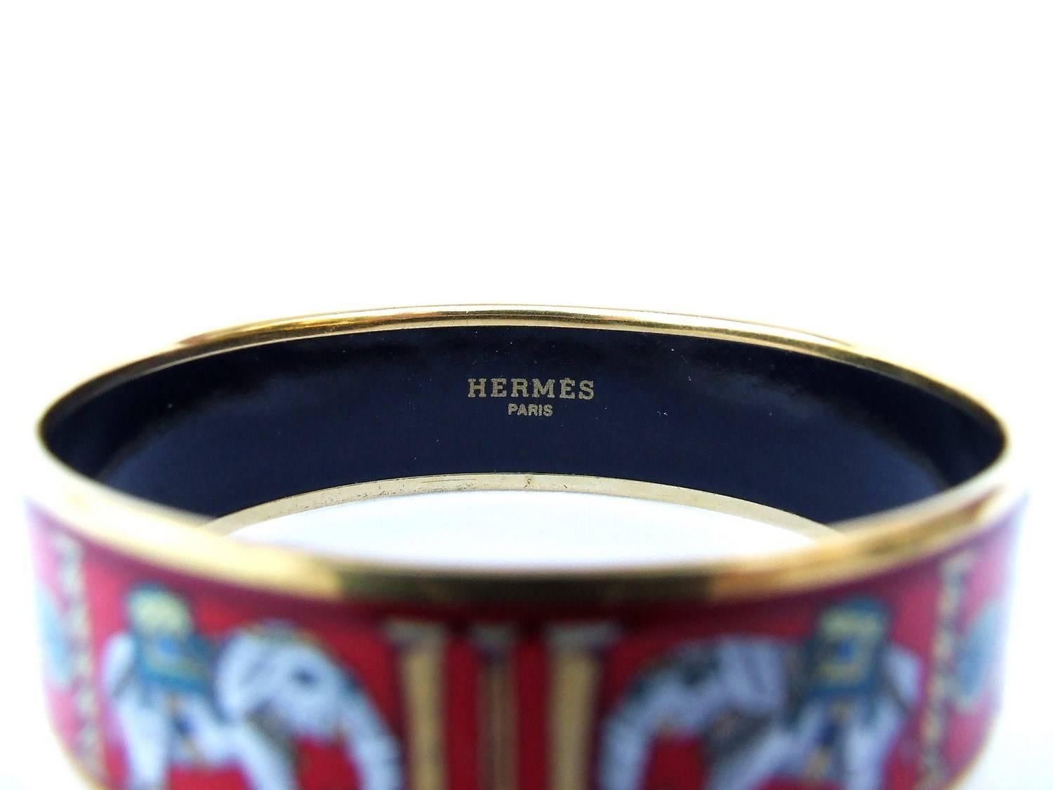 Authentic Hermes Enamel Bracelet Torana Elephants Red GHW PM 65 2