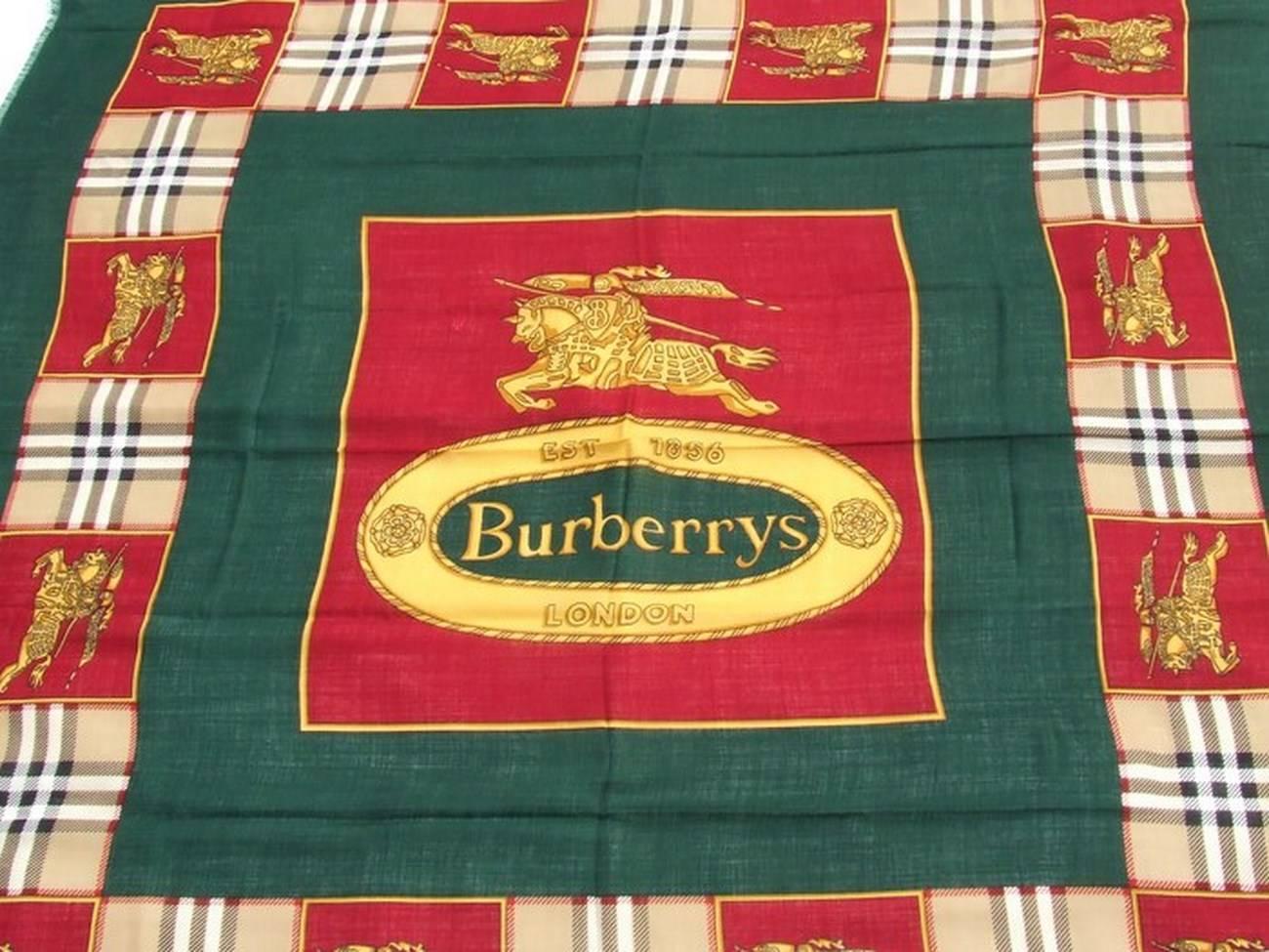 Women's Authentic Burberry Scarf Shawl Green Check Pattern Wool 54 Inches