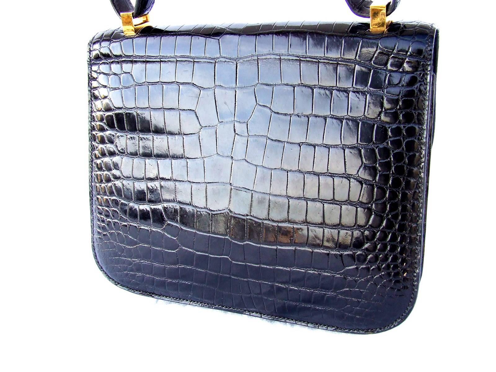 Women's Hermes Constance H Flap Bag Black Shiny Crocodile Gold HDW 23 cm