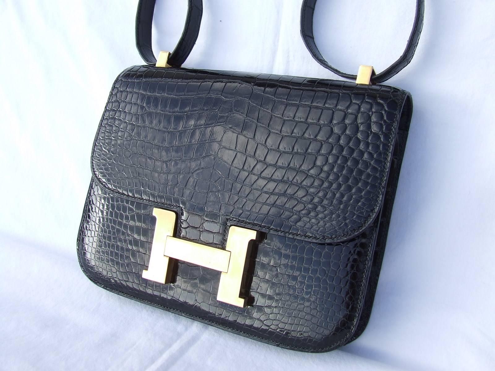 Hermes Constance H Flap Bag Black Shiny Crocodile Gold HDW 23 cm 6
