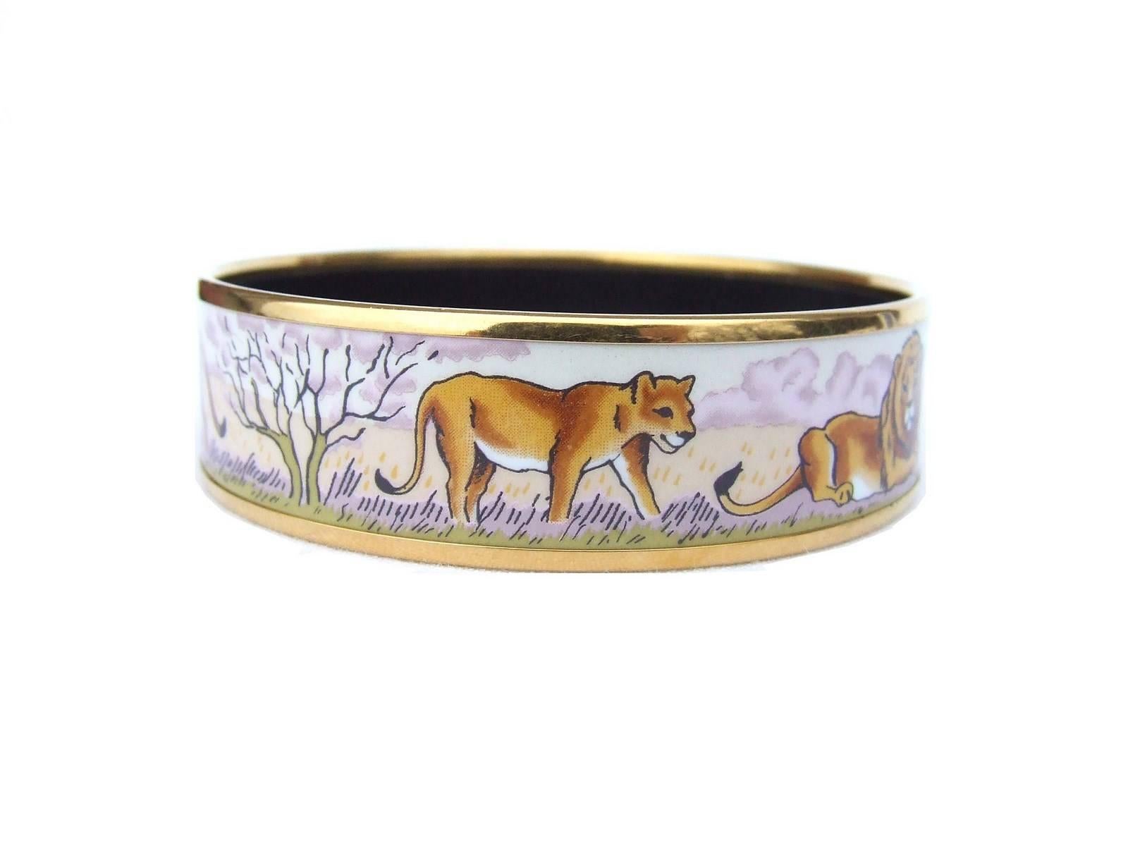 Women's Hermes Enamel Bracelet Lions And Lionesses In Savannah Gold Hdw Size 65