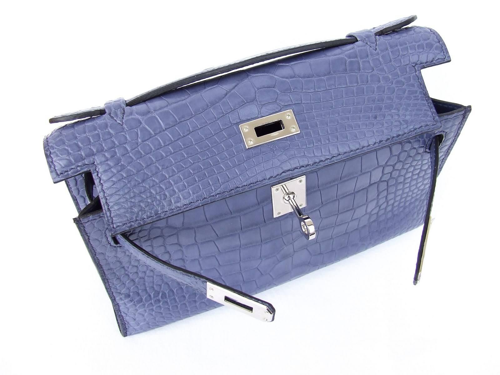 Hermes Kelly Pochette Clutch Purse Handbag Blue Brighton Alligator PHW RARE 3