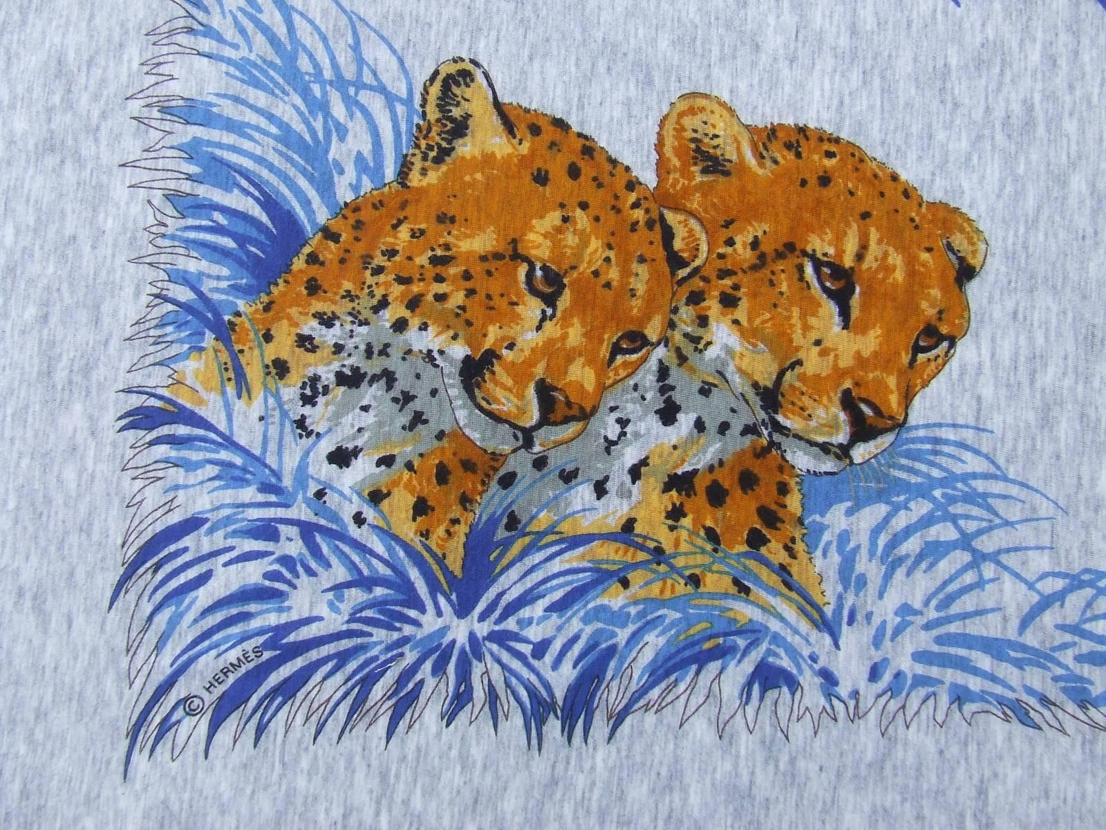 Hermes Cotton Scarf Shawl T-Shirt Guepards Cheetahs Grey 110 cm 3