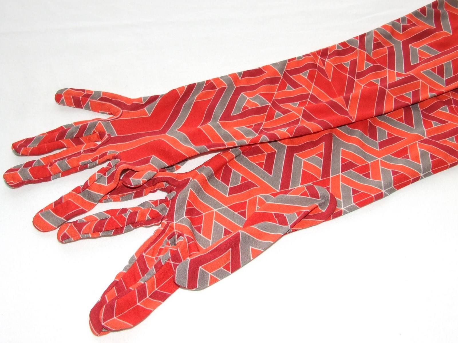 Hermes Long Silk Gloves Carre Cube Orange Red Grey Size M NWT 2