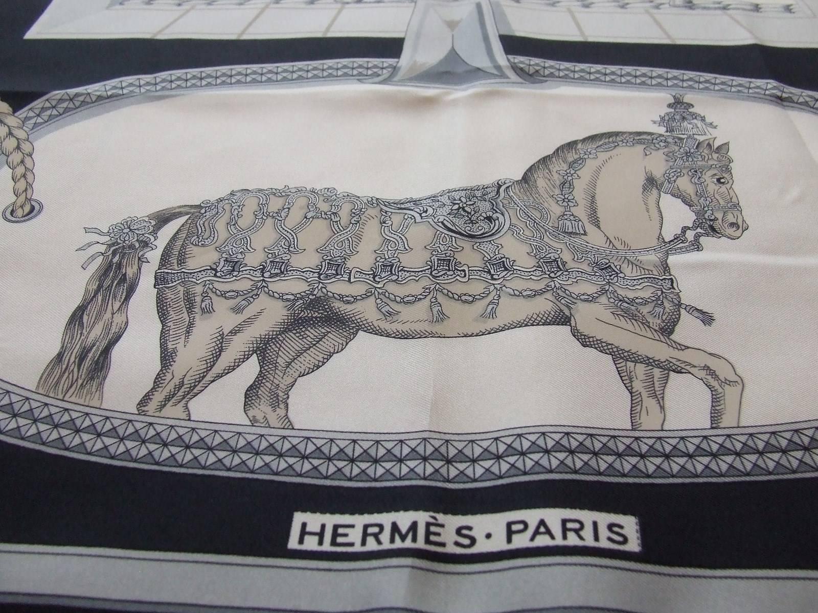 Black Hermes Vintage Silk Scarf Grand Apparat Horses Jacques Eudel 90 cm 