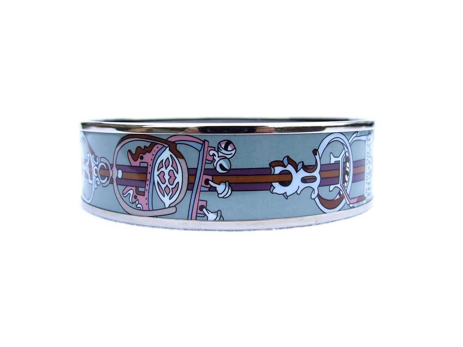 Hermes Enamel Printed Bracelet Concours Etriers PHW Size GM 70 1